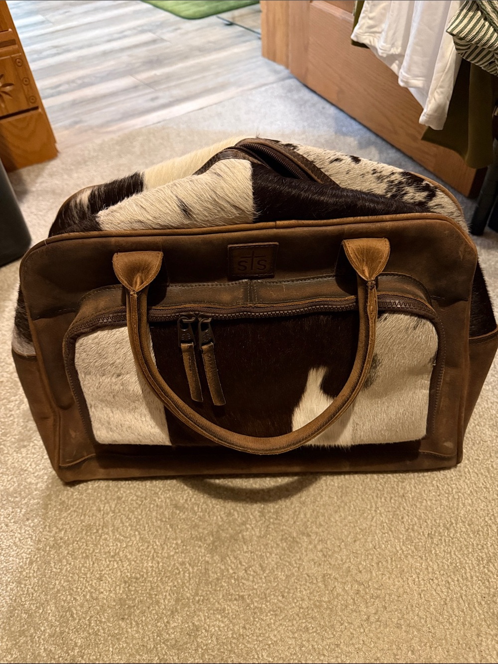 STS Ranchwear Brown & White Hair-On-Hide Carry-On with Leather Trim